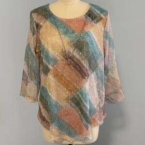Alfred Dunner Multicolor Mesh Overlay Patterned Women Top SZM